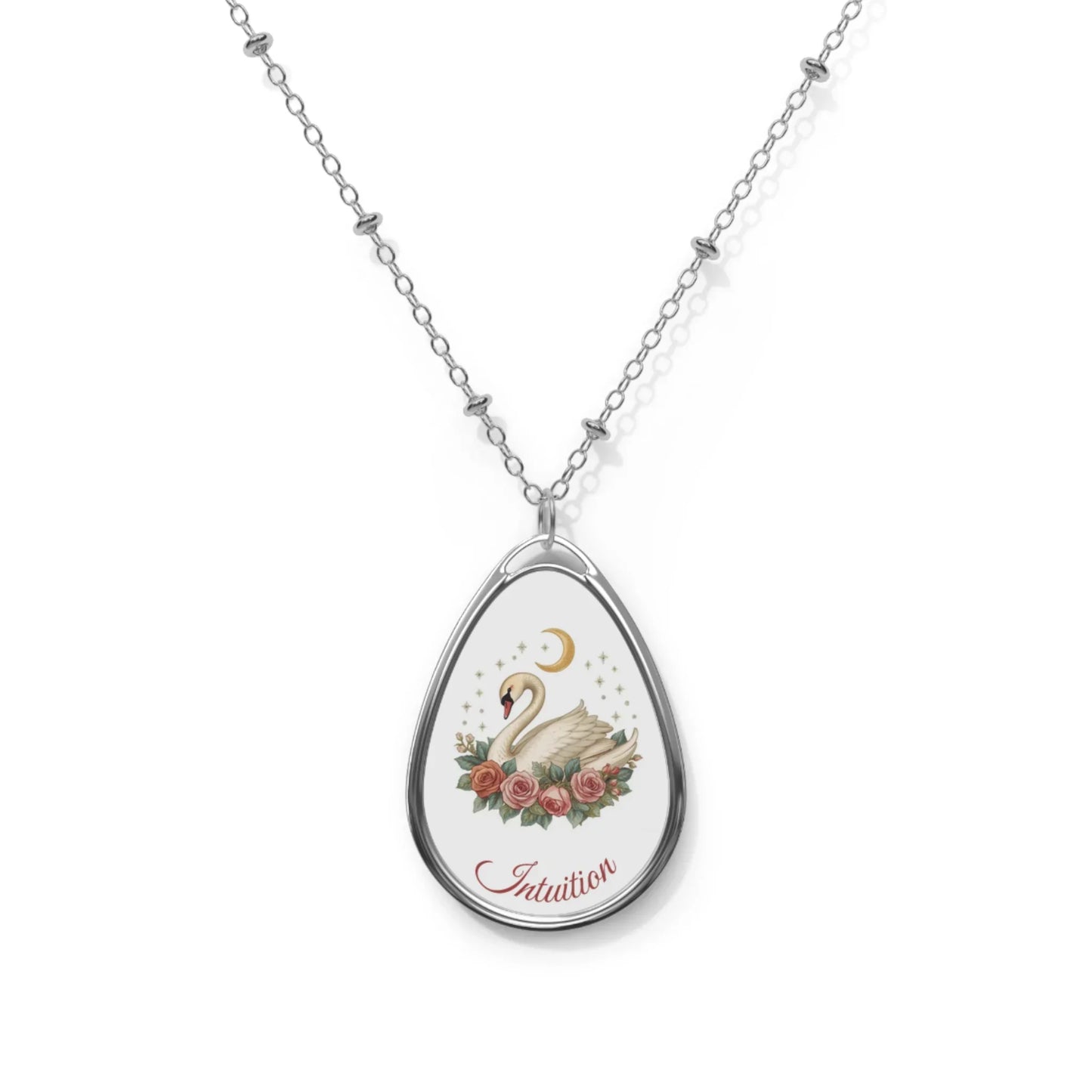 Oval Pendant Necklace - Swan & Moon 'Intuition' Floral Charm